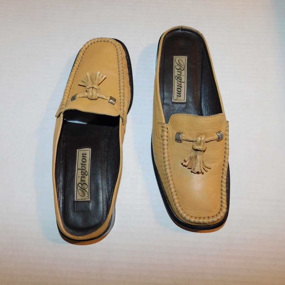 Brighton Tan Leather Tassel Backless Mules
